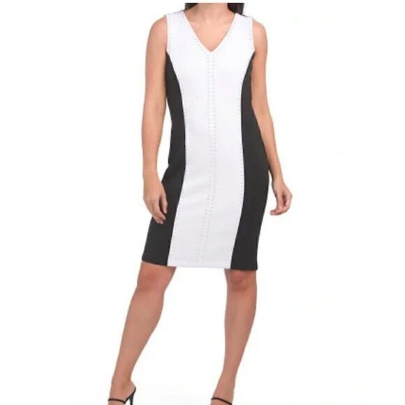 T TAHARI Sleeveless Studded Color Block Black White Knit Dress SIZE 4 NWT - Picture 2 of 13